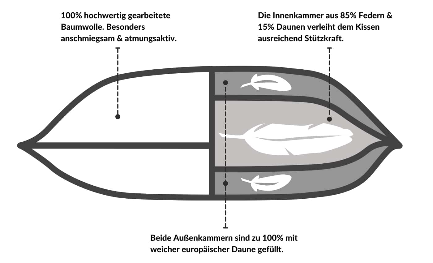 Infografik eines Daunenkissens mit 100% Baumwolle, 85% Federn und 15% Daunen für optimale Stützkraft.