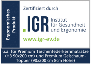 IGR Gütesiegel für ergonomische Produkte, zertifiziert für Matratzen und Topper.