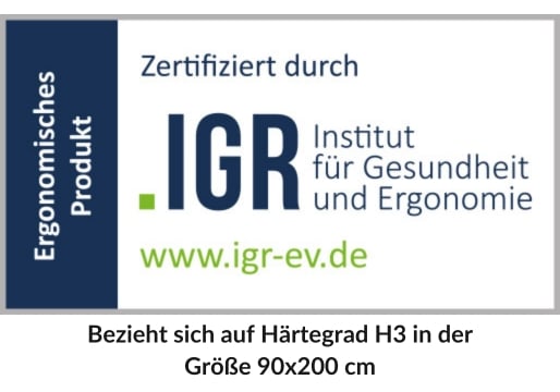 Zertifikat des IGR für ergonomisches Produkt, Härtegrad H3, Größe 90x200 cm.
