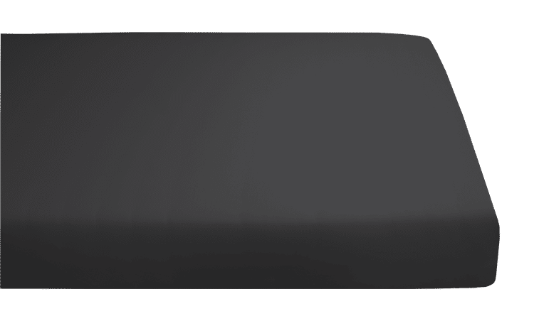 Ciemnoszare prześcieradło z gumką, wykonane z elastycznego materiału, pasujące do materacy.