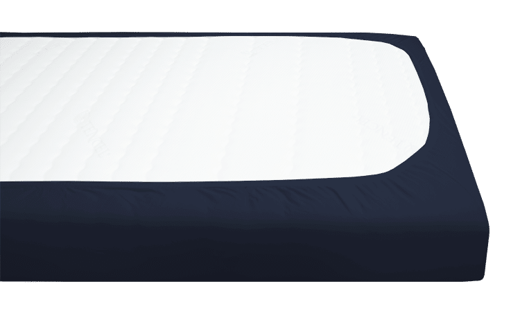 Prześcieradło z gumką w kolorze granatowym, elastyczne, do materacy o wysokości do 33 cm.