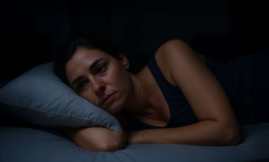 Person schläft auf einem dunkelblauen Bett mit einem ClimaFlex Topper.