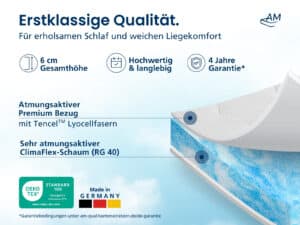 Weicher ClimaFlex Tencel Topper mit 6 cm Höhe, atmungsaktivem Bezug und 4 Jahre Garantie