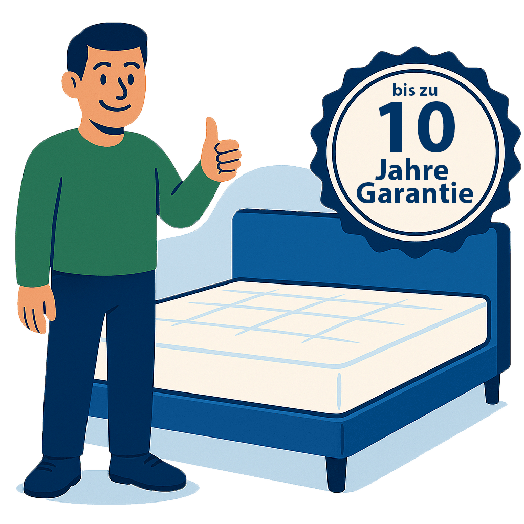 Illustration eines Mannes, der neben einem blauen Bett steht und einen Daumen nach oben zeigt, mit einem Garantie-Siegel für bis zu 10 Jahre.