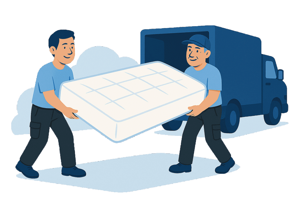 Zwei Männer laden eine große, weiße Matratze in einen blauen Lieferwagen.