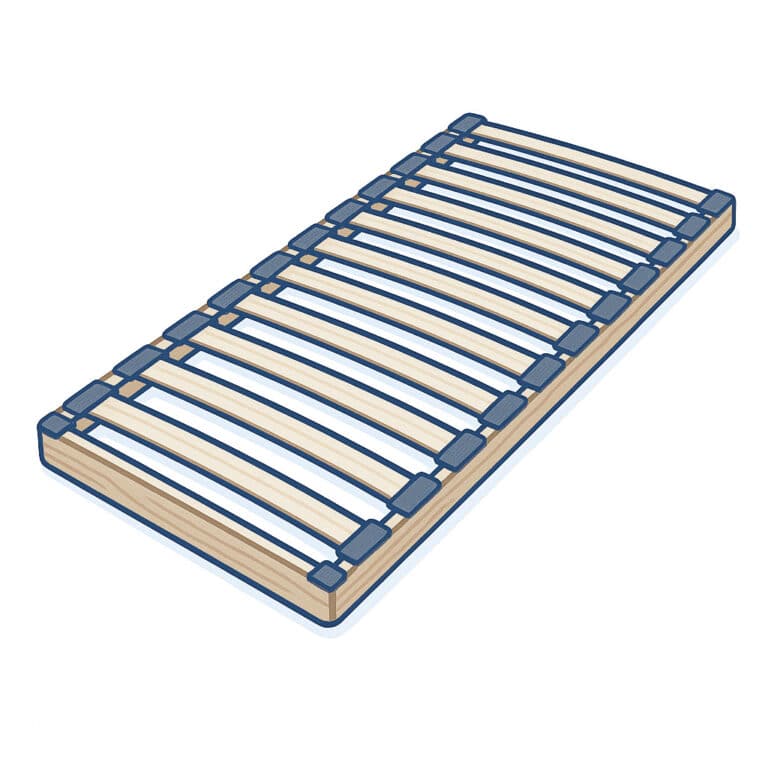 Lattenrost mit Holzrahmen und verstellbaren Latten, beige und blaue Elemente
