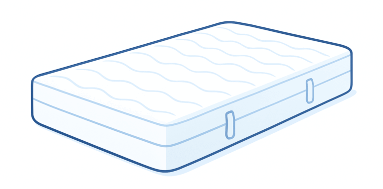 Eine einzelne, weiße Matratze mit Wellenmuster und seitlichen Griffen.