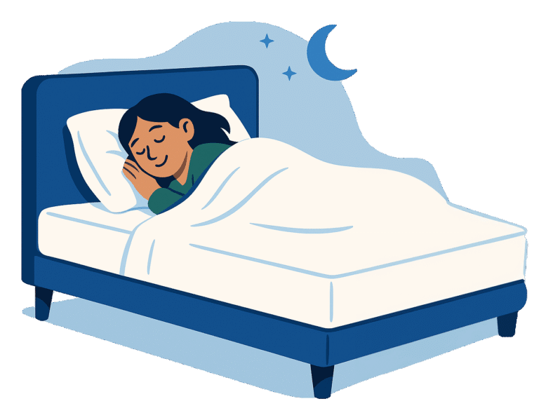 Illustration eines Menschen beim Probeschlafen im Bett mit weißen Bettwäsche und blauer Bettgestell bei Nacht.