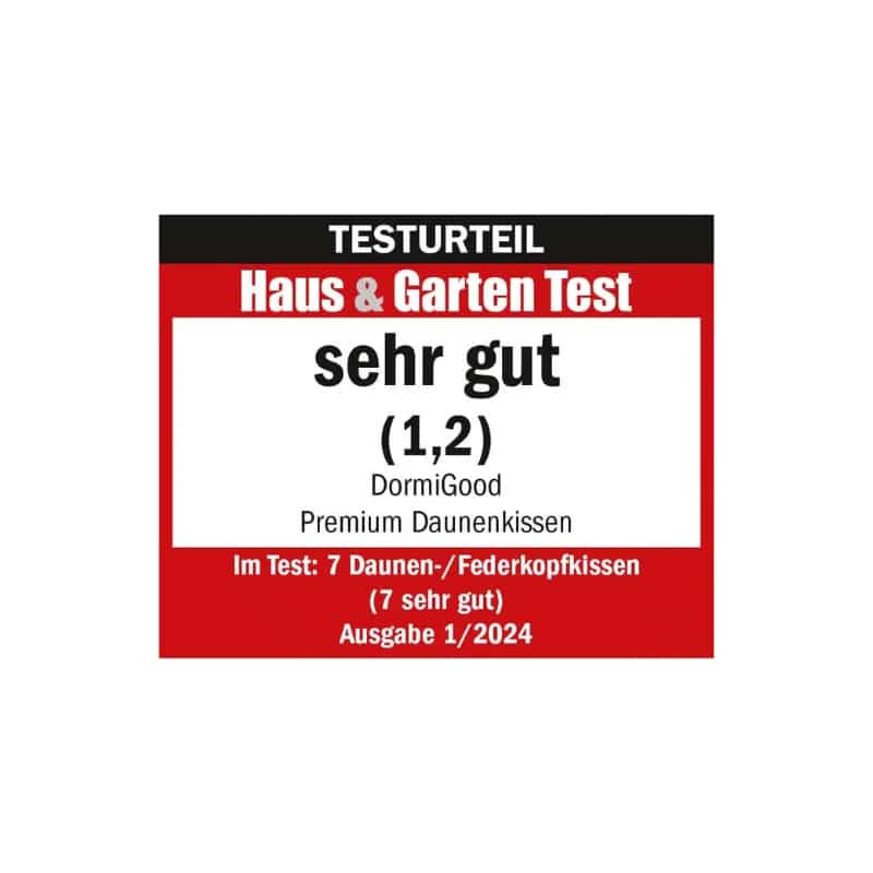 Testurteil für unser Daunenkissen: Sehr gut (1,2) im Haus & Garten Test, Ausgabe 1/2024.