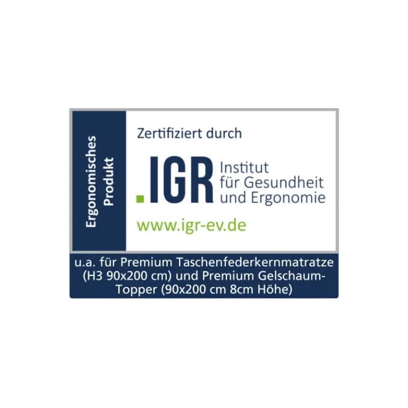 IGR Gütesiegel für Gesundheits- und Ergonomieprodukte, zertifiziert vom Institut für Gesundheit und Ergonomie.