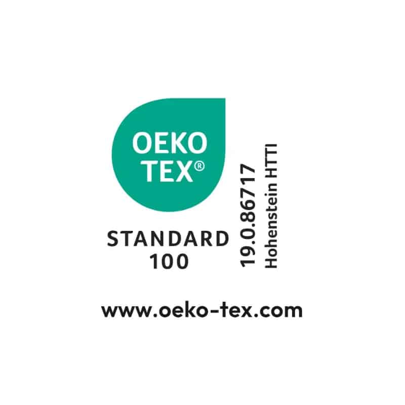 Oeko-Tex Standard 100 Zertifizierungslabel mit Prüfnr. und Website