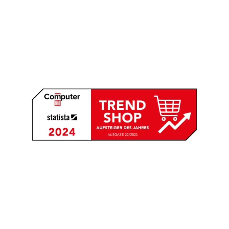 Grafik mit Titel "Trend Shop 2024" von Computer Bild und Statista, rotes Symbol mit Einkaufswagen und Aufwärtstrend.