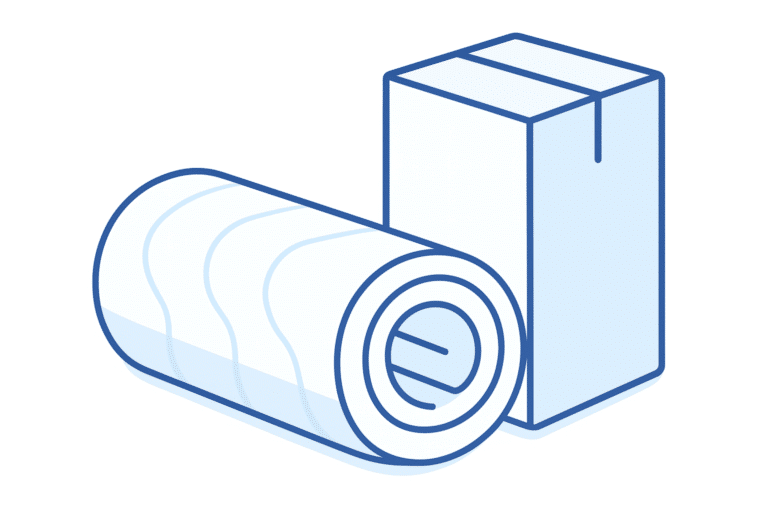 Verpackungsmaterial mit Versandfolie und Karton für den Versand.
