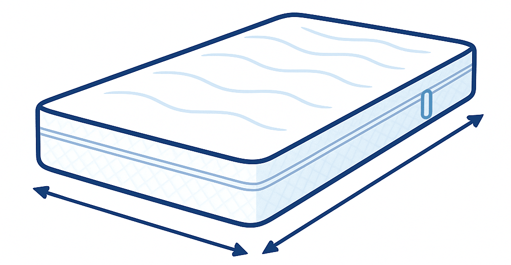 Doppelbett mit weißem, gepolstertem Kopfteil und Matratze, Seitenansicht mit Maßangaben