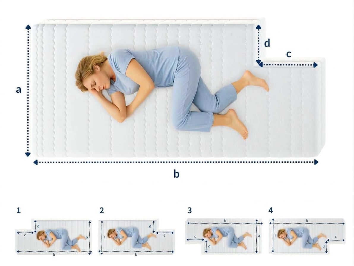 Una mujer está tumbada de lado sobre un colchón blanco con un corte en la esquina. A continuación se muestran diferentes posiciones para tumbarse.