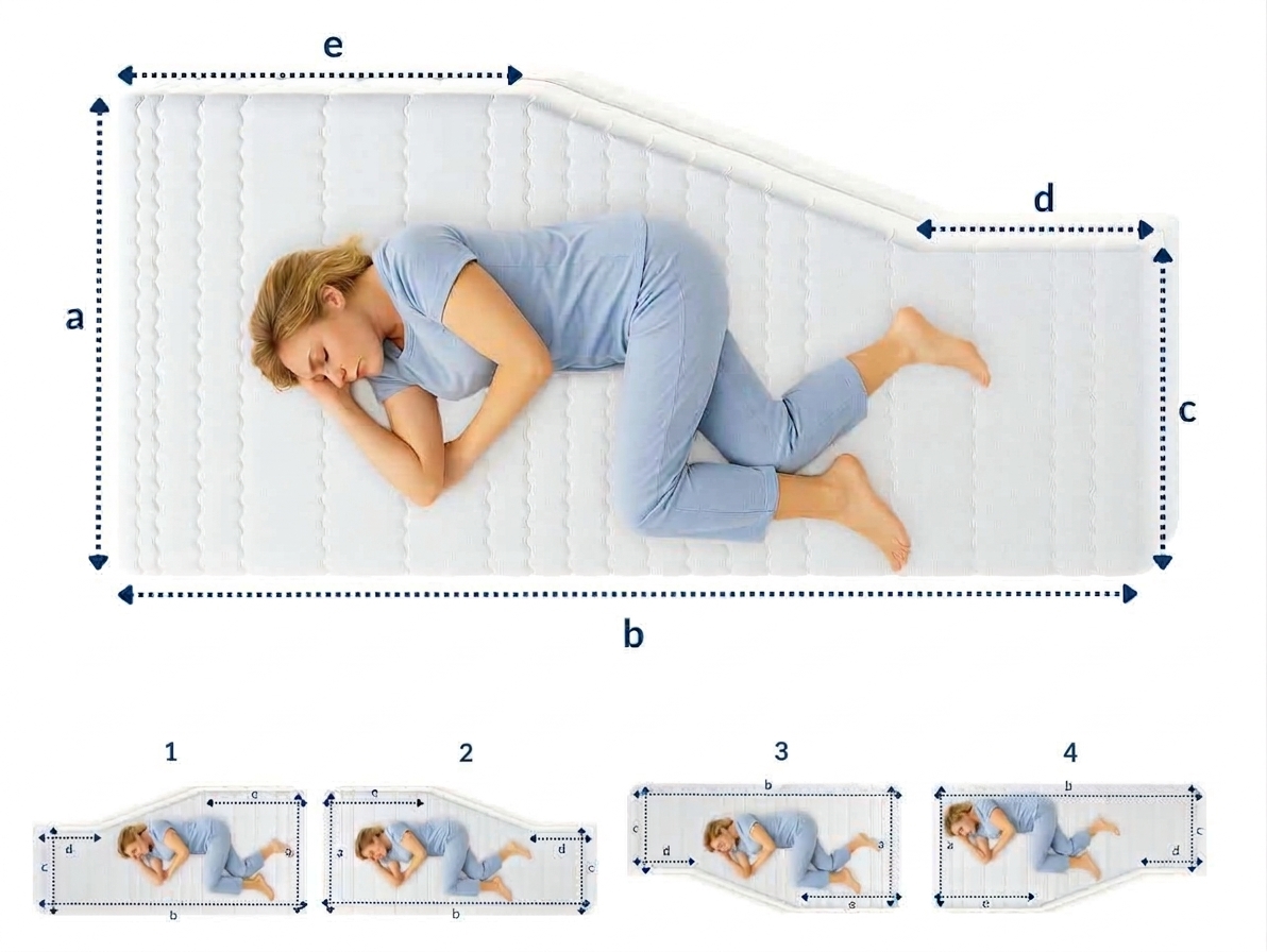 Mujer durmiendo con ropa azul sobre un colchón blanco en posiciones y variaciones tumbadas.