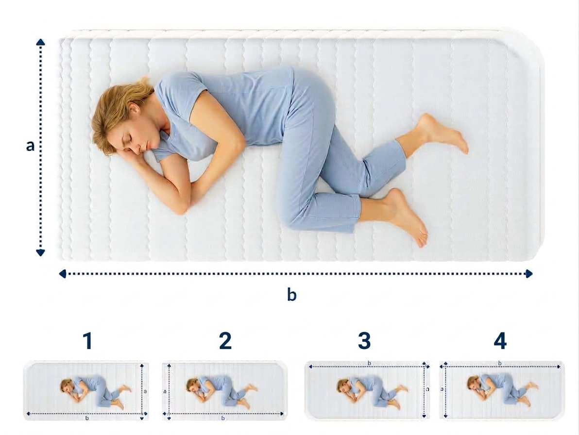 Una mujer tumbada de costado sobre un Colchón con una esquina redondeada, vestida de azul, en posición de dormir.