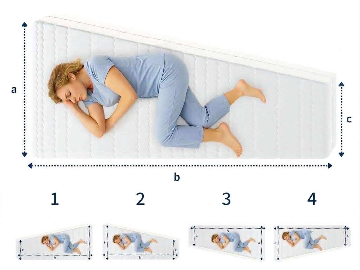 La mujer está tumbada de lado sobre un colchón con la cabeza ligeramente inclinada, en posición de dormir.