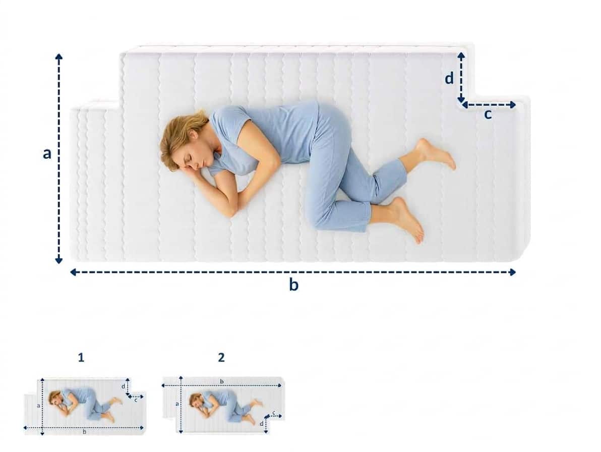 Colchón blanco con dos aberturas laterales, para posiciones de descanso flexibles.