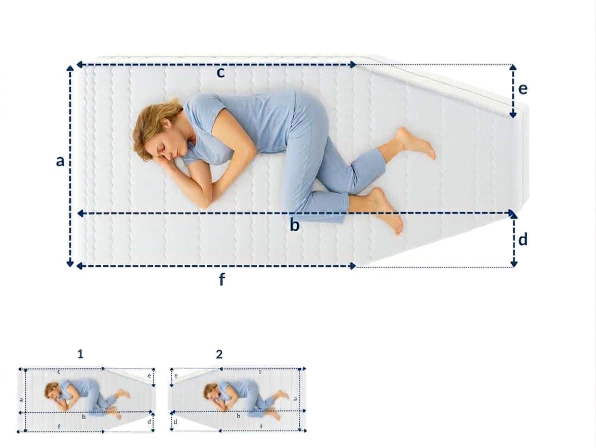 Mujer tumbada de lado sobre un colchón blanco con dos inclinaciones, medidas técnicas y posiciones marcadas.