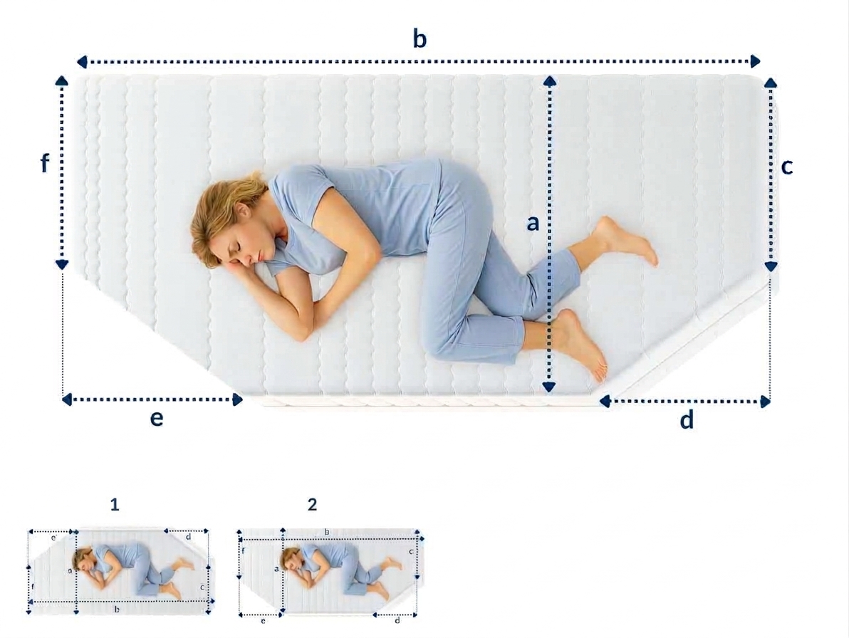 Colchón con medidas, persona tumbada de lado en posición de dormir.