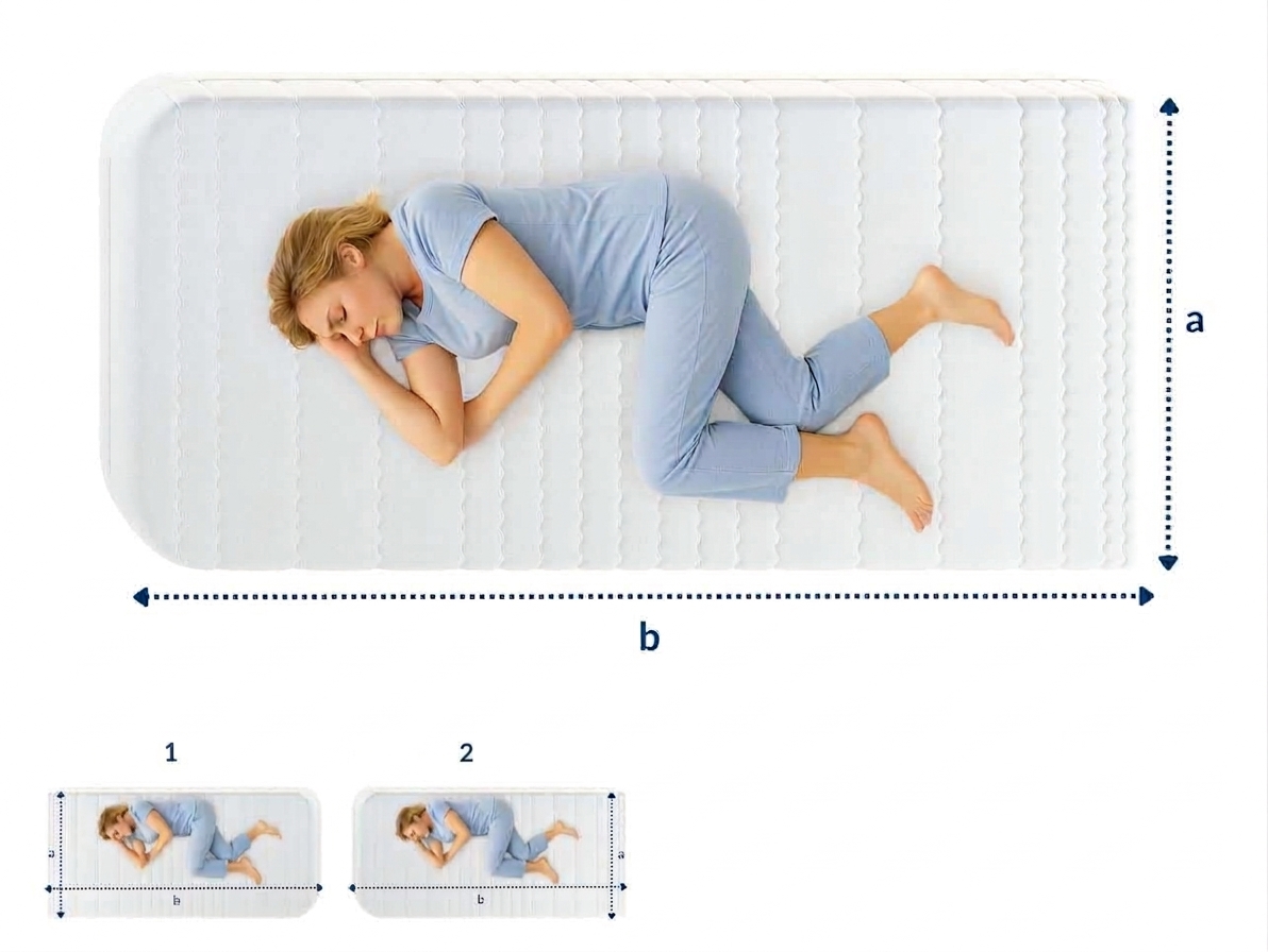 Una mujer duerme de lado sobre un Colchón con dos esquinas redondeadas, vestida de azul.