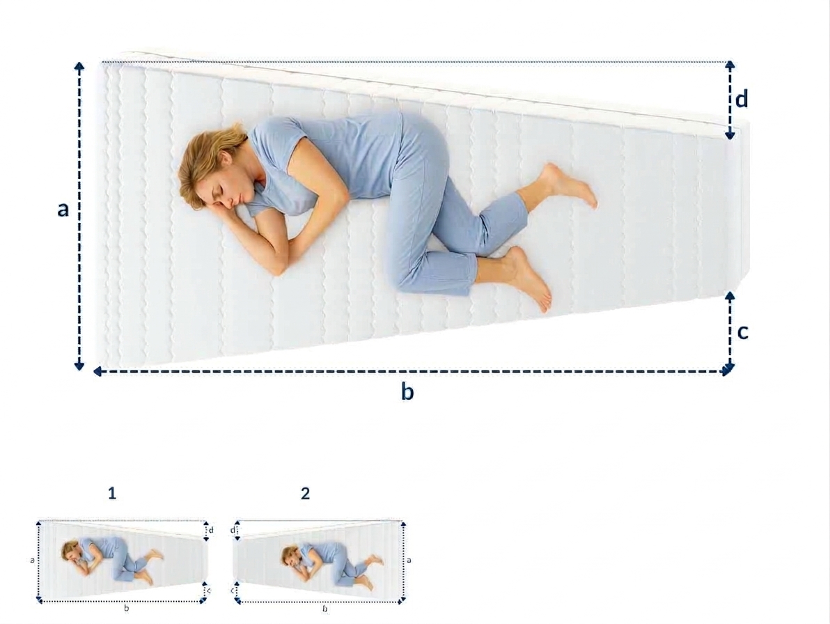 Una mujer yace sobre un Colchón blanco con dos laterales oblicuos, en posición lateral, vestida de azul.