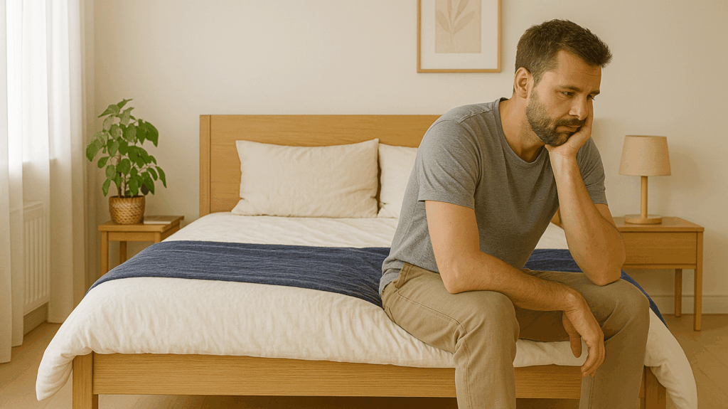 Mann sitzt nach einer schlechten Nacht auf dem Rand eines Bettes