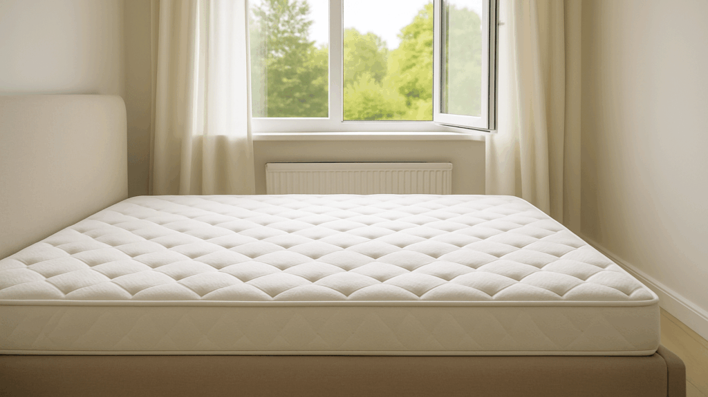 Weiße Matratze auf einem Bettgestell vor einem Fenster mit weißen Vorhängen.