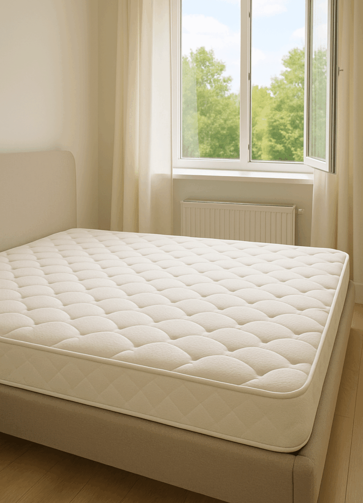 Weiße Matratze auf Bettgestell vor Fenster mit Blick nach draußen