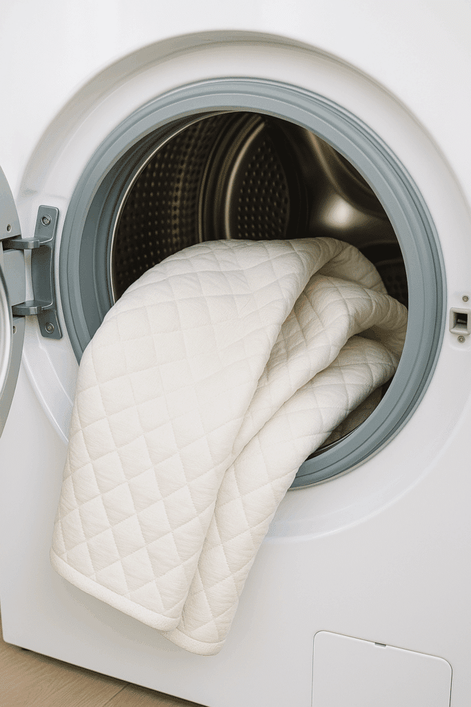 Waschbare weiße Matratzenauflage wird in einer Waschmaschine eingelagert