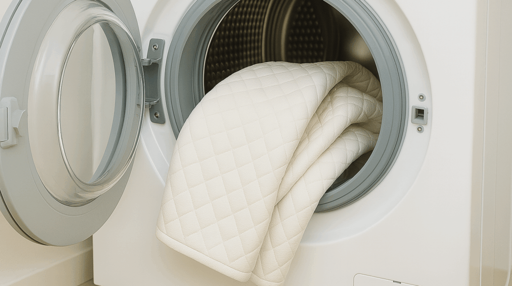Weiße, quiltierte Bettwäsche wird in eine Waschmaschine gelegt.