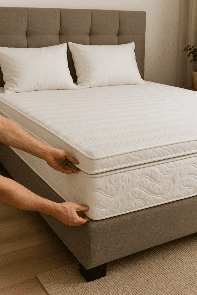 Person legt eine Matratze auf einen Bettrahmen, weiße Matratze mit Quilt-Design, Schlafzimmer mit Kopfteil und Nachttisch