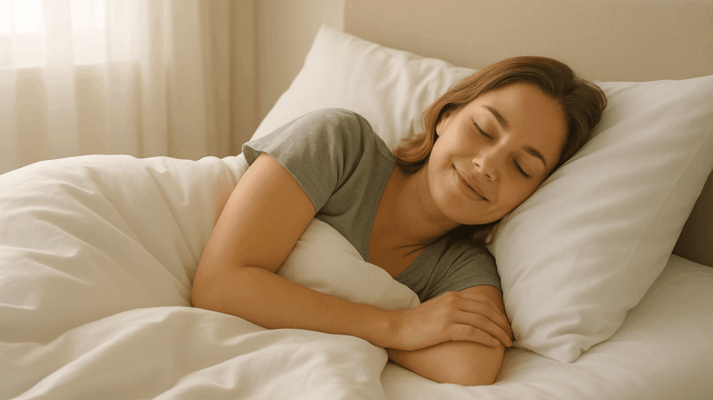 Frau schläft auf einer weißen Matratze mit grauem Kissen, entspannt und bequem.