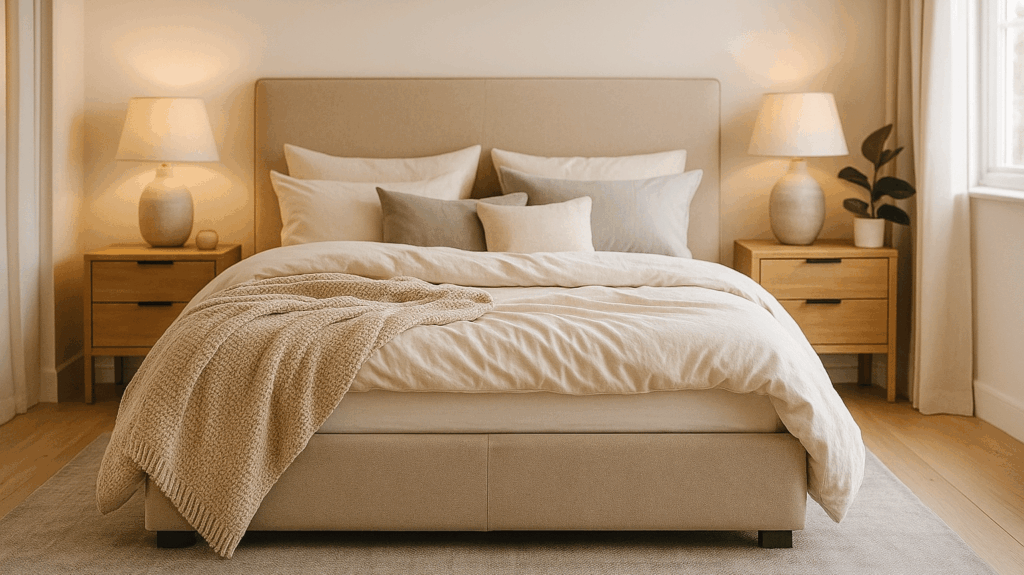 Doppelbett mit weißen Kissen, beige Bettdecke und Nachttischen mit Lampen auf beiden Seiten