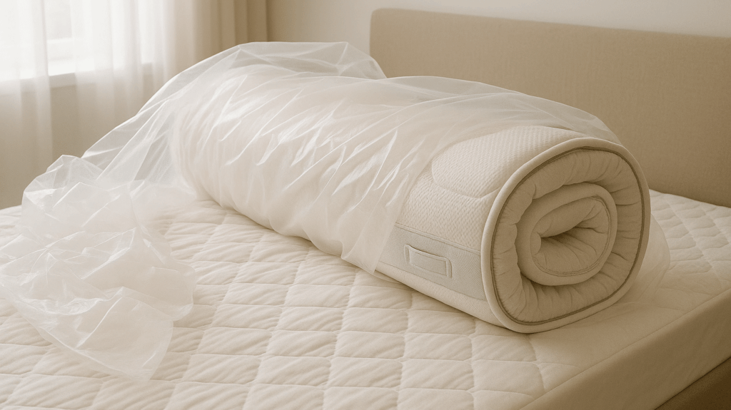 Weiche, weiße Matratze mit aufgerollter Matratzenauflage auf einem Bett.