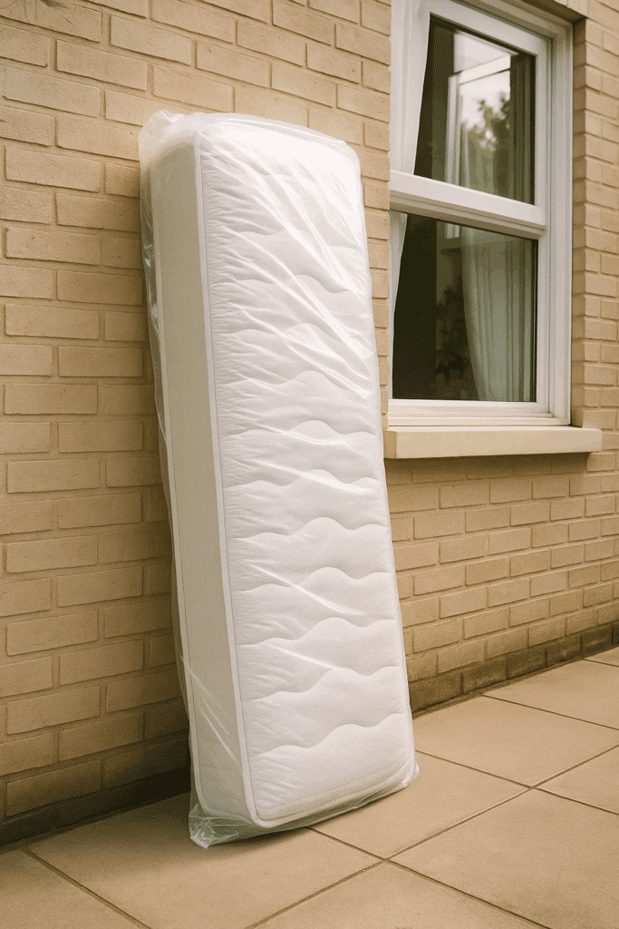 Weißer Matratzen mit gestepptem Bezug, aufrecht gegen eine Hauswand gelehnt.