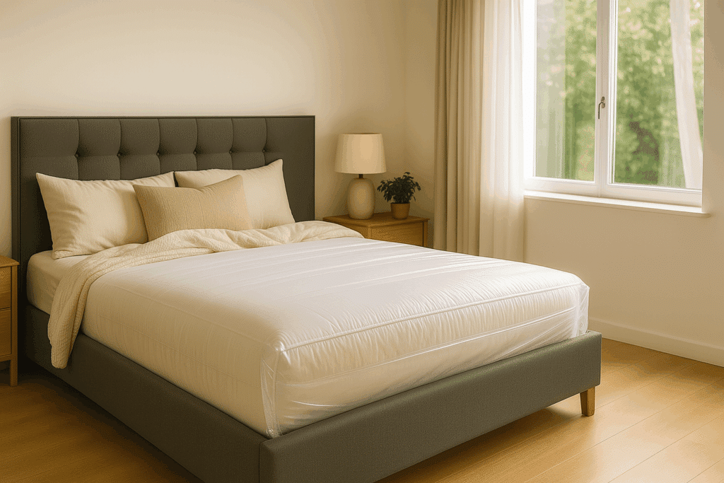 Weiße Matratze auf einem dunklen Bettgestell in einem Schlafzimmer mit großen Fenstern und natürlichem Licht.