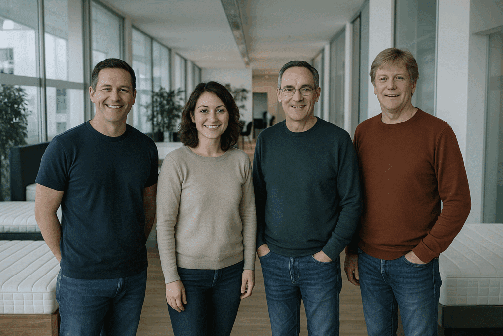 Schlafberaterteam im Showroom, vier Personen, entspannte Atmosphäre, moderne Einrichtung.