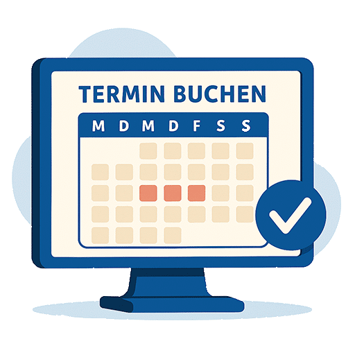 Computerbildschirm mit Kalender und blauer Schaltfläche zum Termin buchen