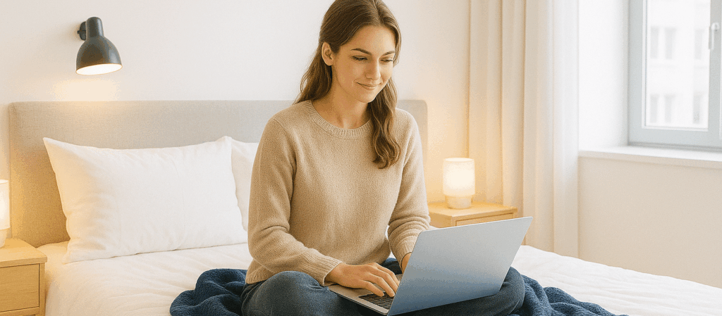 Frau sitzt auf Bett mit Laptop in einem hellen Schlafzimmer, Blick auf Bildschirm, entspannte Atmosphäre.