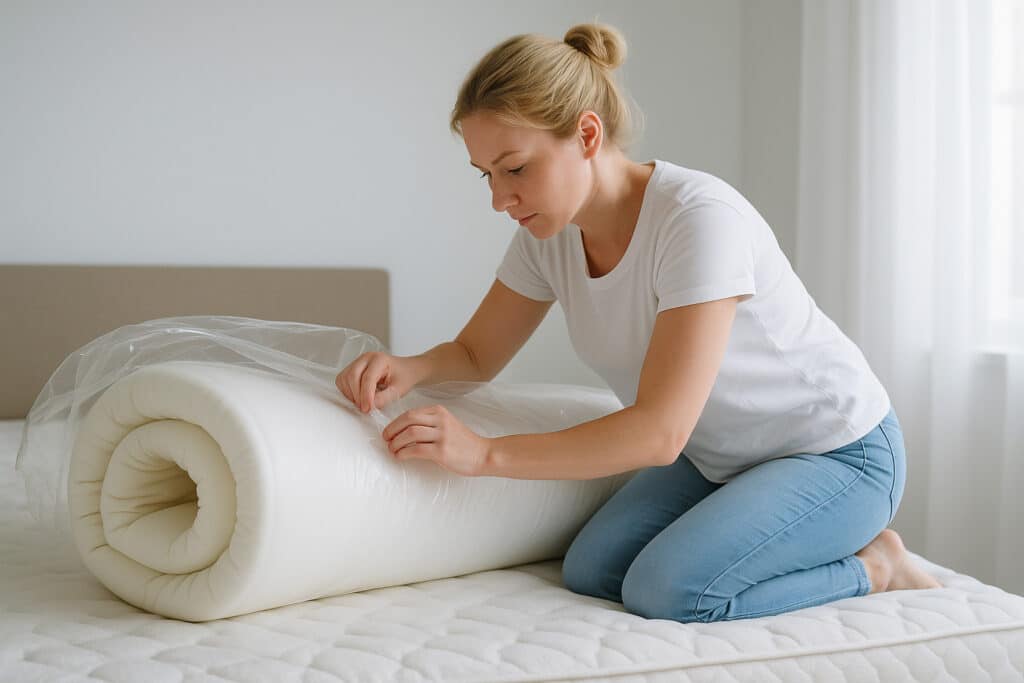 Frau rollt einen weißen Topper aus, auf einem Bett, im Schlafzimmer.