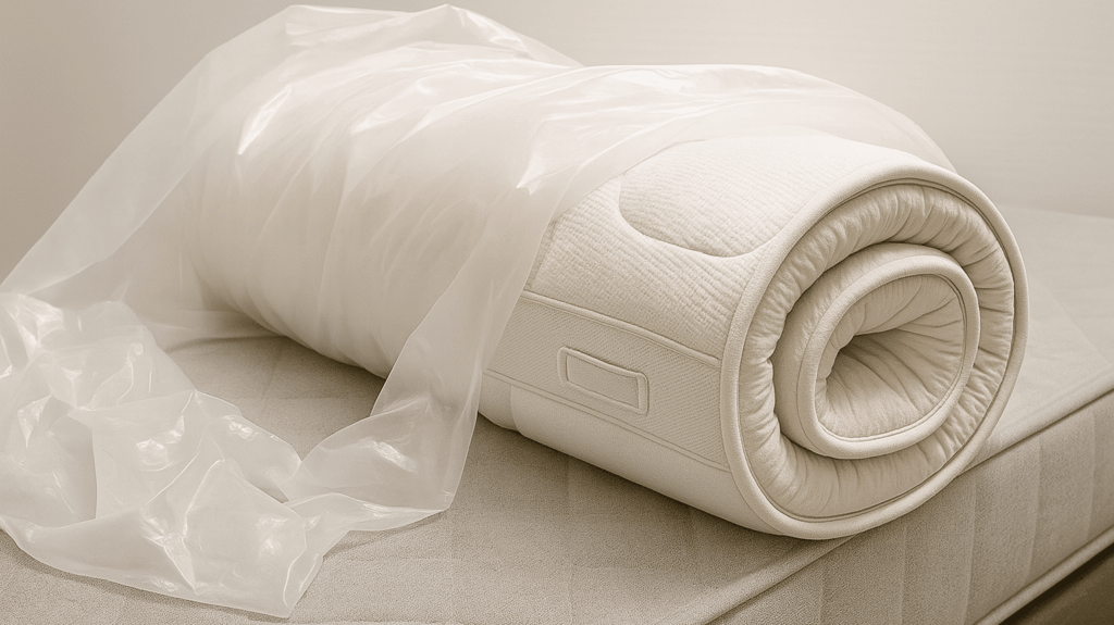 Weiche, weiße Matratzenauflage aus Baumwolle, teilweise in transparentem Kunststoff verpackt
