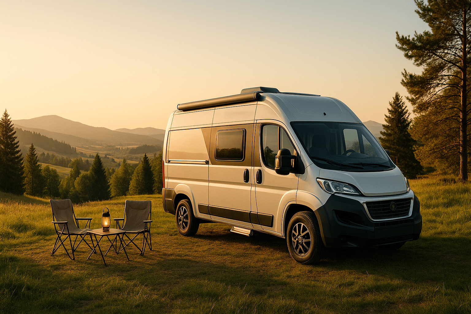 Wohnwagen in einer grünen Wiesenlandschaft bei Sonnenuntergang, mit Campingmöbeln im Vordergrund.