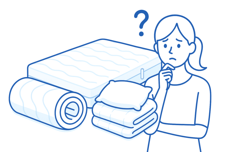 Illustration einer Frau, die nach einem Bett fragt, mit Matratze, Bettwäsche und Decken.