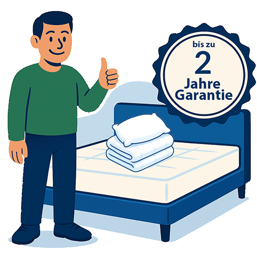 Illustration eines Mannes neben einem Bett mit gestapelten Bettwaren und einem Badge für bis zu 2 Jahre Garantie