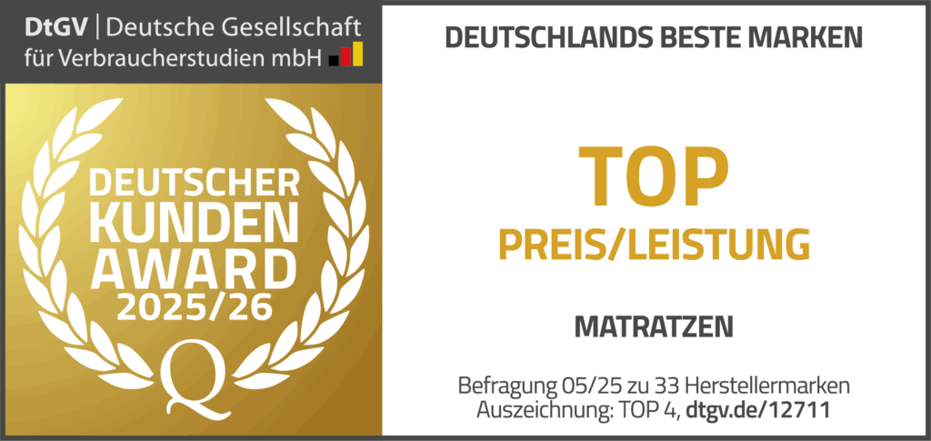 Bild des Deutschen Kunden Awards 2025/26 in Querformat, mit goldener Medaille und Auszeichnung für Top Preis-Leistung bei Matratzen.