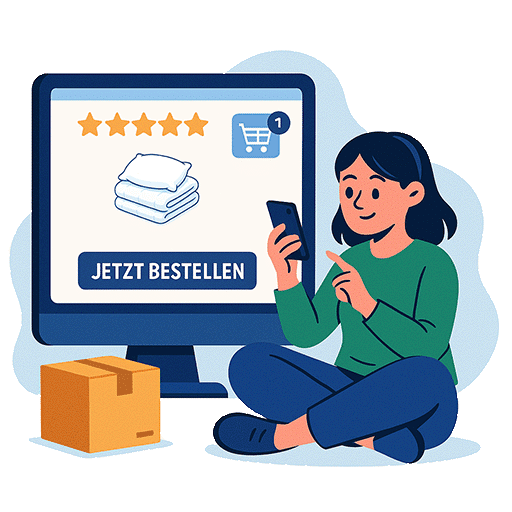 Frau bestellt online Bettwaren auf einem Tablet, mit Produktbild, Einkaufskorb und Bestellbutton.