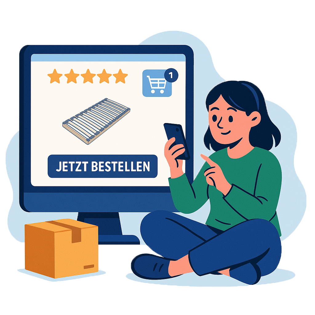 Frau bestellt online einen Lattenrost auf einem Tablet, mit Einkaufskorb und Versandkarton.