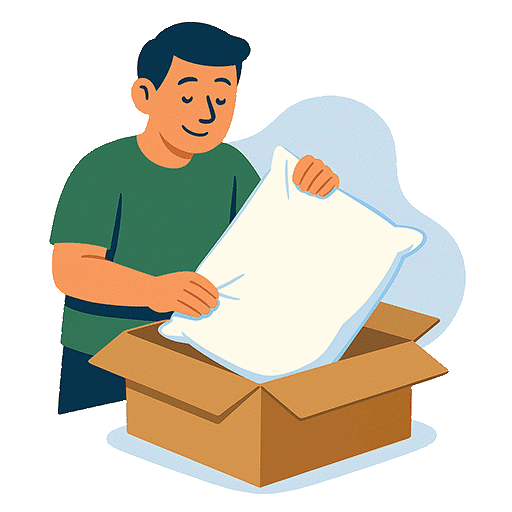 Illustration eines Mannes beim Verpacken eines Daunenkissens in einem Karton für Rücksendung